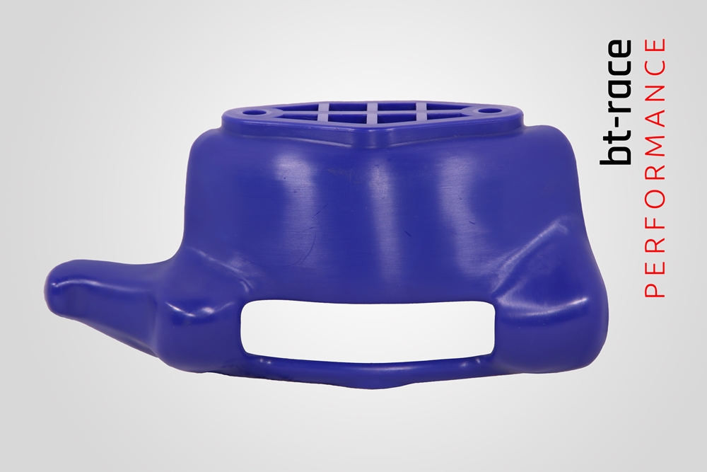 Montagekopf aus Kunststoff von bt-race. Vorderansicht des Kunststoffmontagekopf in blau.